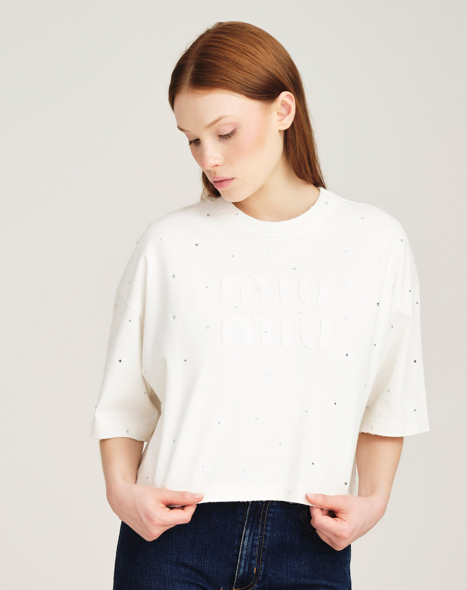 Miu Miu - Crystal Embellished Distressed Logo Cropped Tshirt S